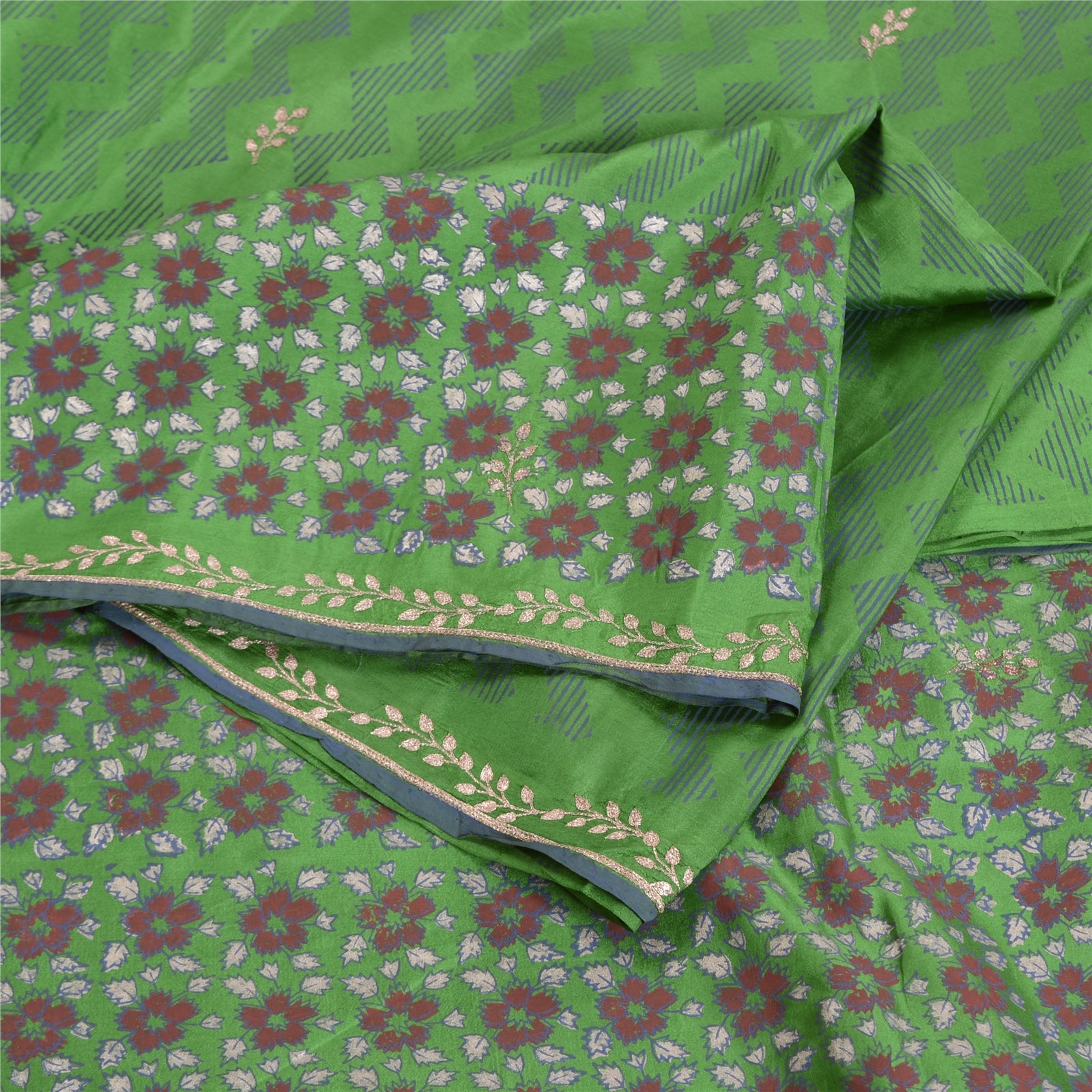 Sanskriti Vintage Sari 100% Pure Silk Green Saree Hand Block Printed 5Yrd Craft Fabric Indian Heritage Textile Craft Supplies Material