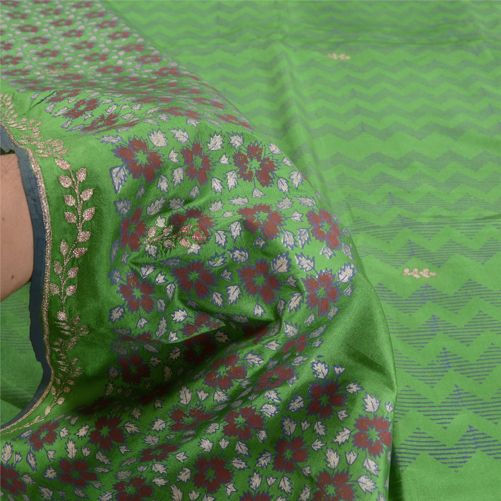 Sanskriti Vintage Sari 100% Pure Silk Green Saree Hand Block Printed 5Yrd Craft Fabric Indian Heritage Textile Craft Supplies Material