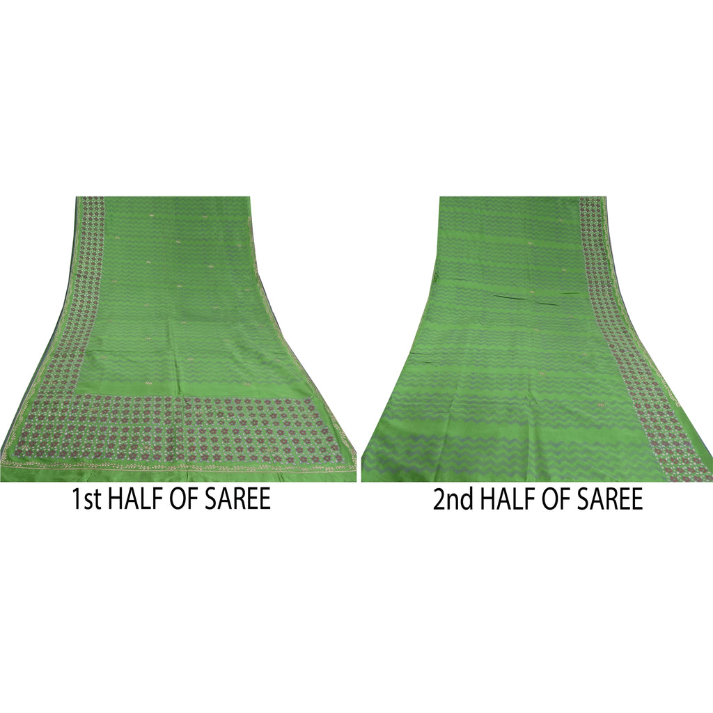 Sanskriti Vintage Sari 100% Pure Silk Green Saree Hand Block Printed 5Yrd Craft Fabric Indian Heritage Textile Craft Supplies Material