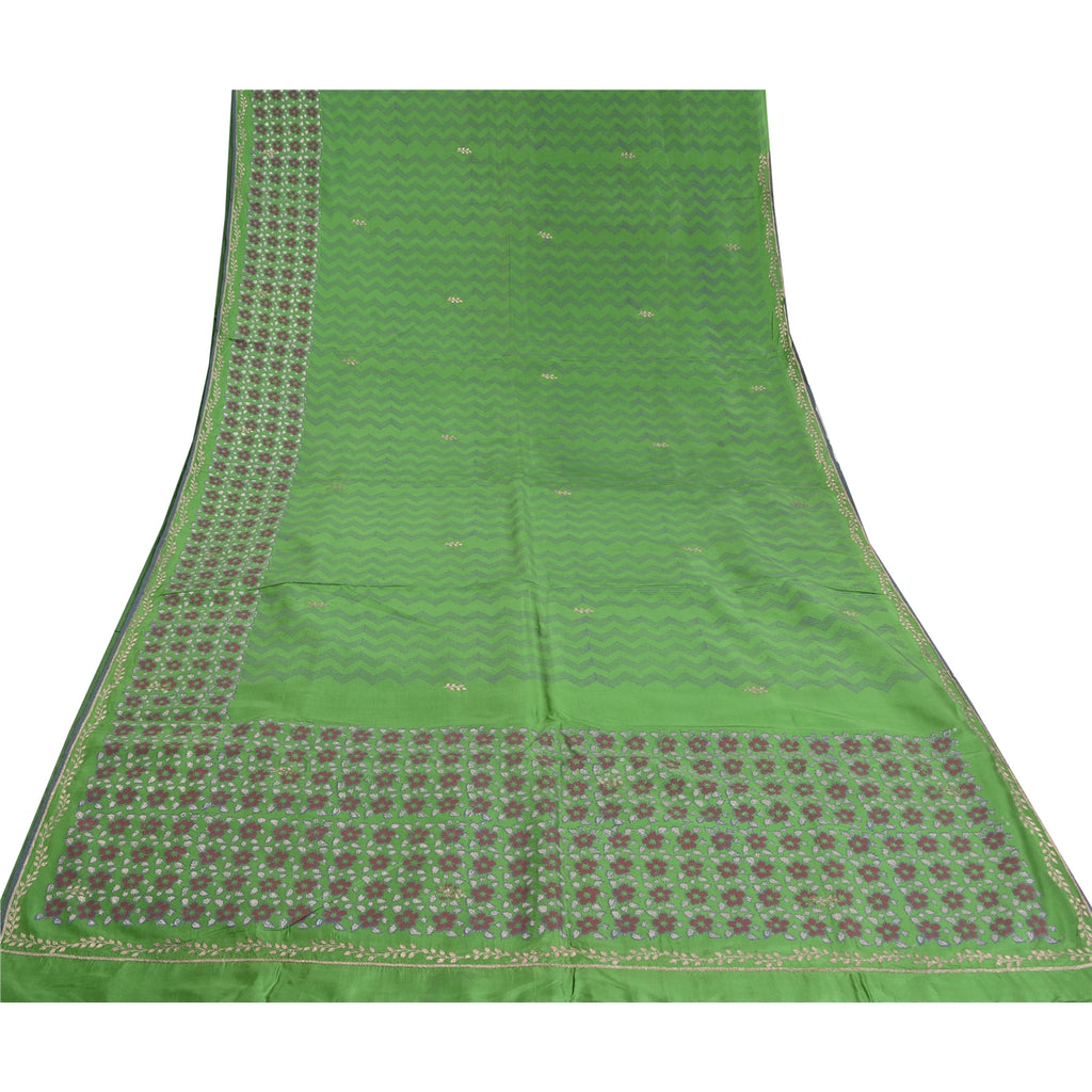 Sanskriti Vintage Sari 100% Pure Silk Green Saree Hand Block Printed 5Yrd Craft Fabric Indian Heritage Textile Craft Supplies Material