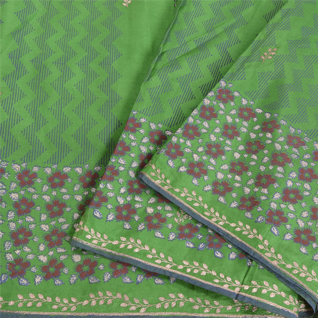 Sanskriti Vintage Sari 100% Pure Silk Green Saree Hand Block Printed 5Yrd Craft Fabric Indian Heritage Textile Craft Supplies Material