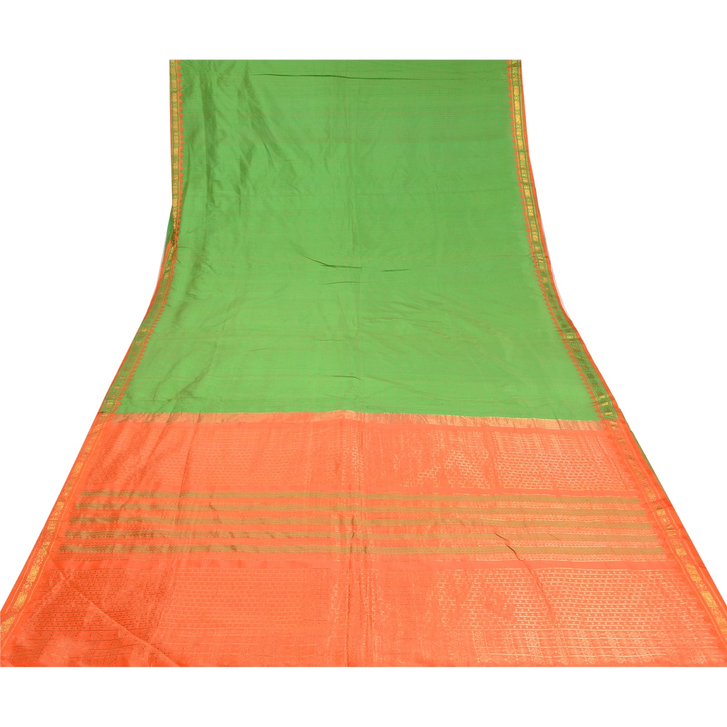 Sanskriti Vintage Green Sarees Pure Silk Woven Brocade Premium Sari Craft Sustainable Fabric