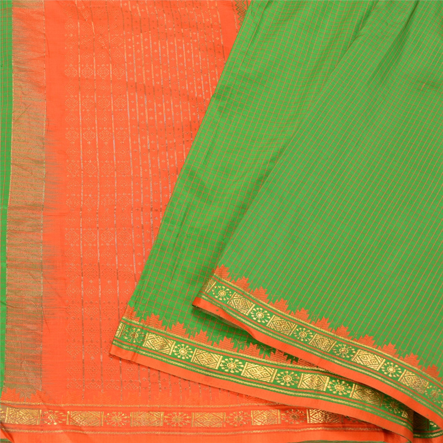 Sanskriti Vintage Green Sarees Pure Silk Woven Brocade Premium Sari Craft Sustainable Fabric