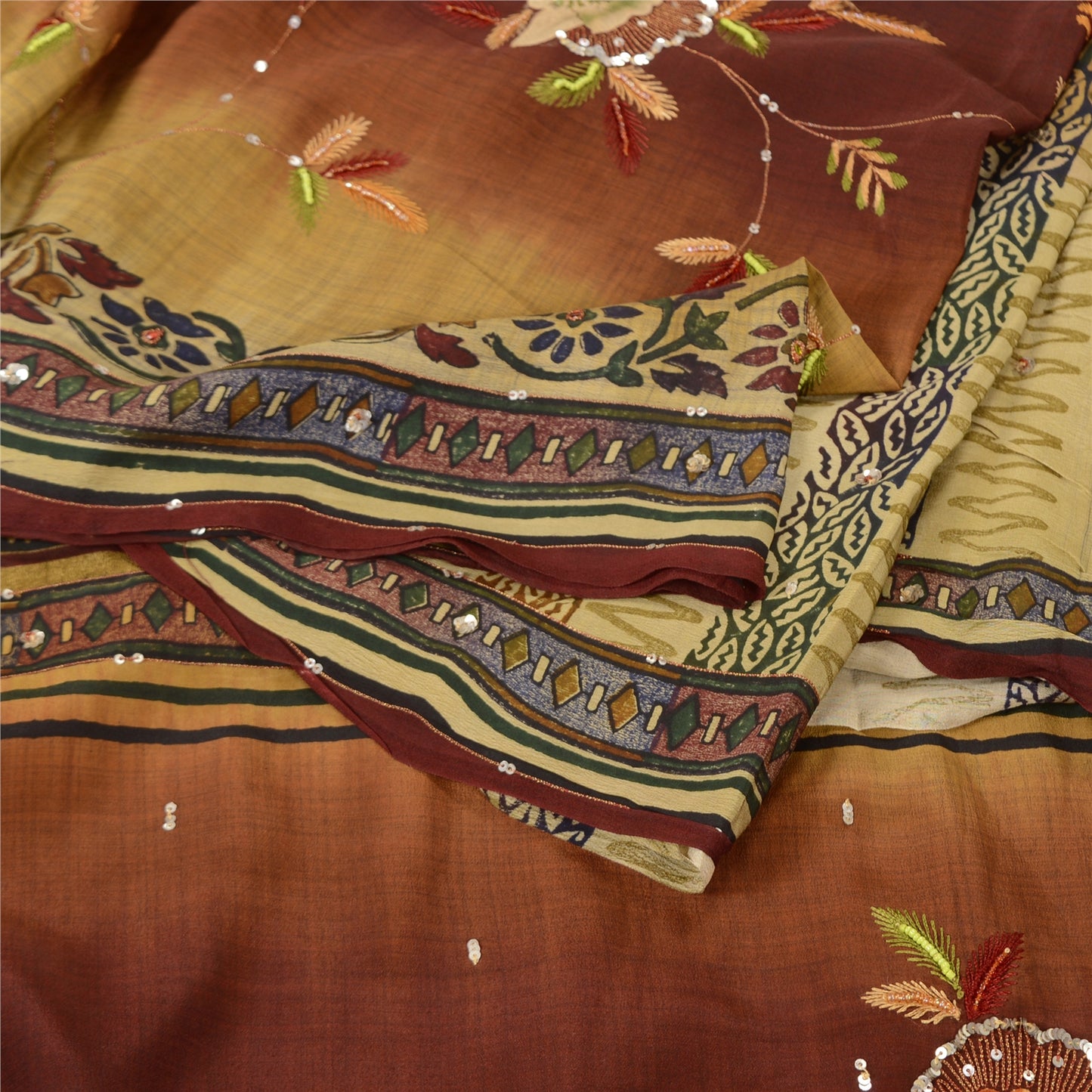 Sanskriti Vintage Indian Sarees Pure Crepe Silk Hand Beaded Sari Craft Sustainable Fabric