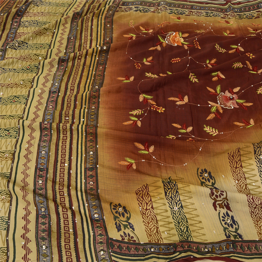 Sanskriti Vintage Indian Sarees Pure Crepe Silk Hand Beaded Sari Craft Fabric