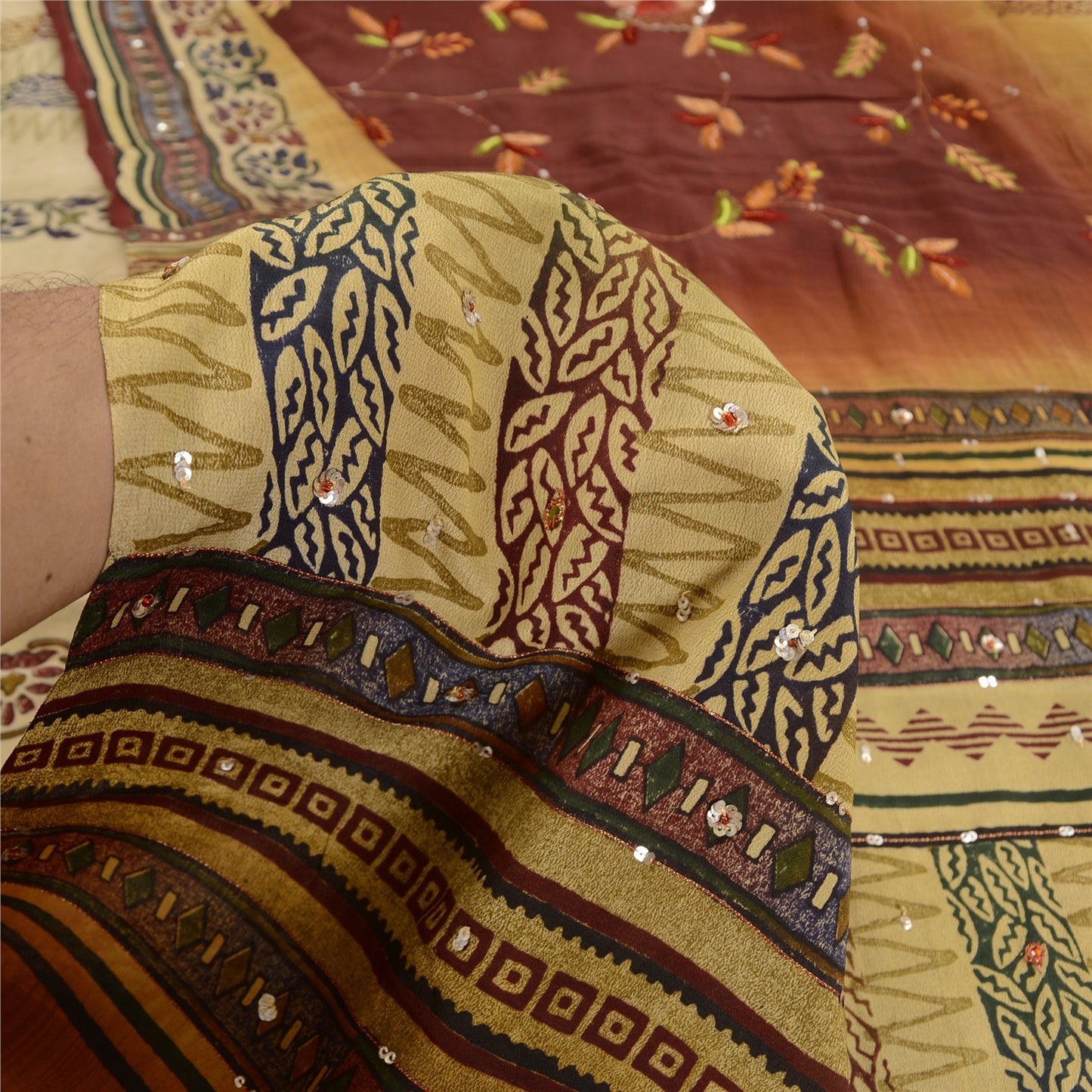 Sanskriti Vintage Indian Sarees Pure Crepe Silk Hand Beaded Sari Craft Sustainable Fabric