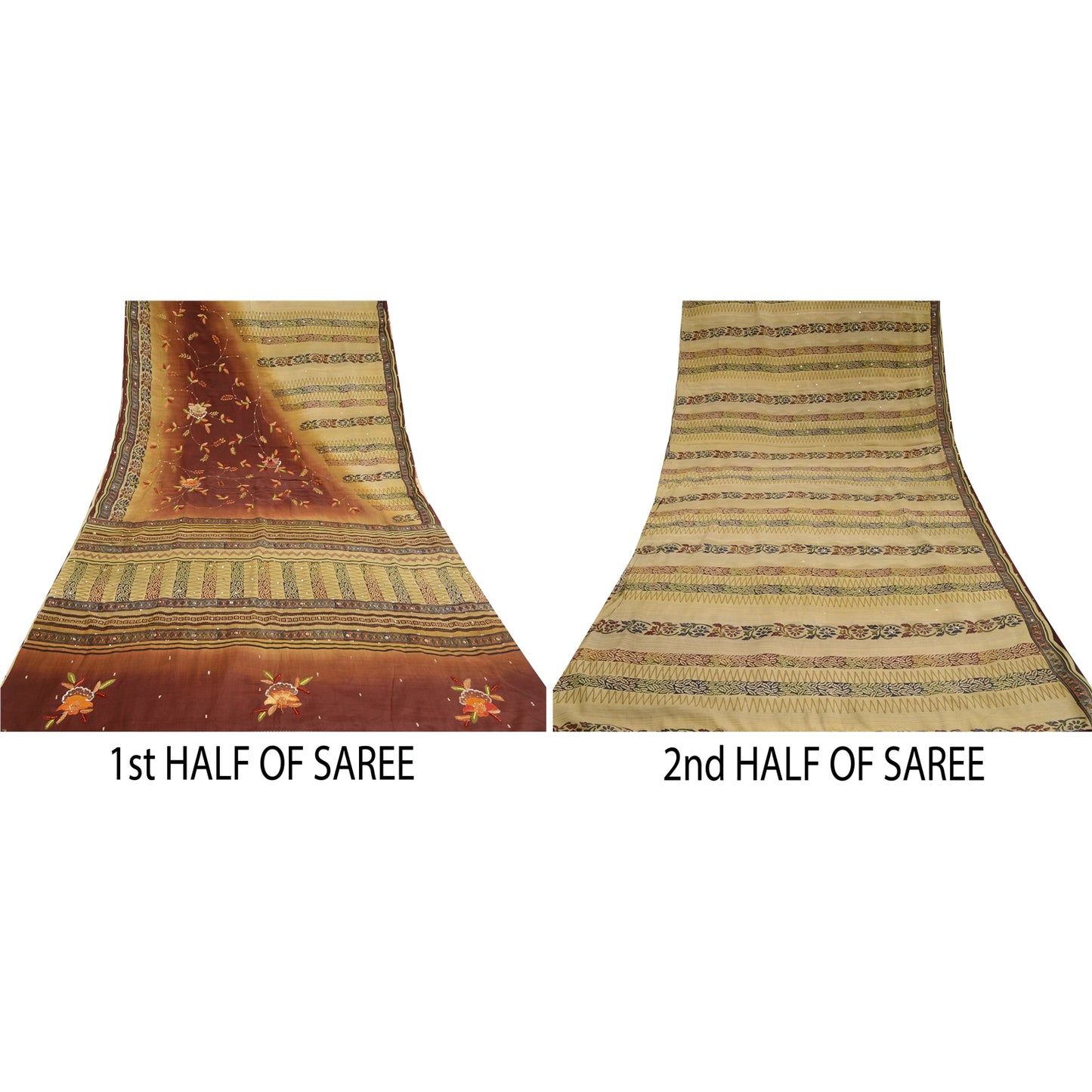 Sanskriti Vintage Indian Sarees Pure Crepe Silk Hand Beaded Sari Craft Sustainable Fabric