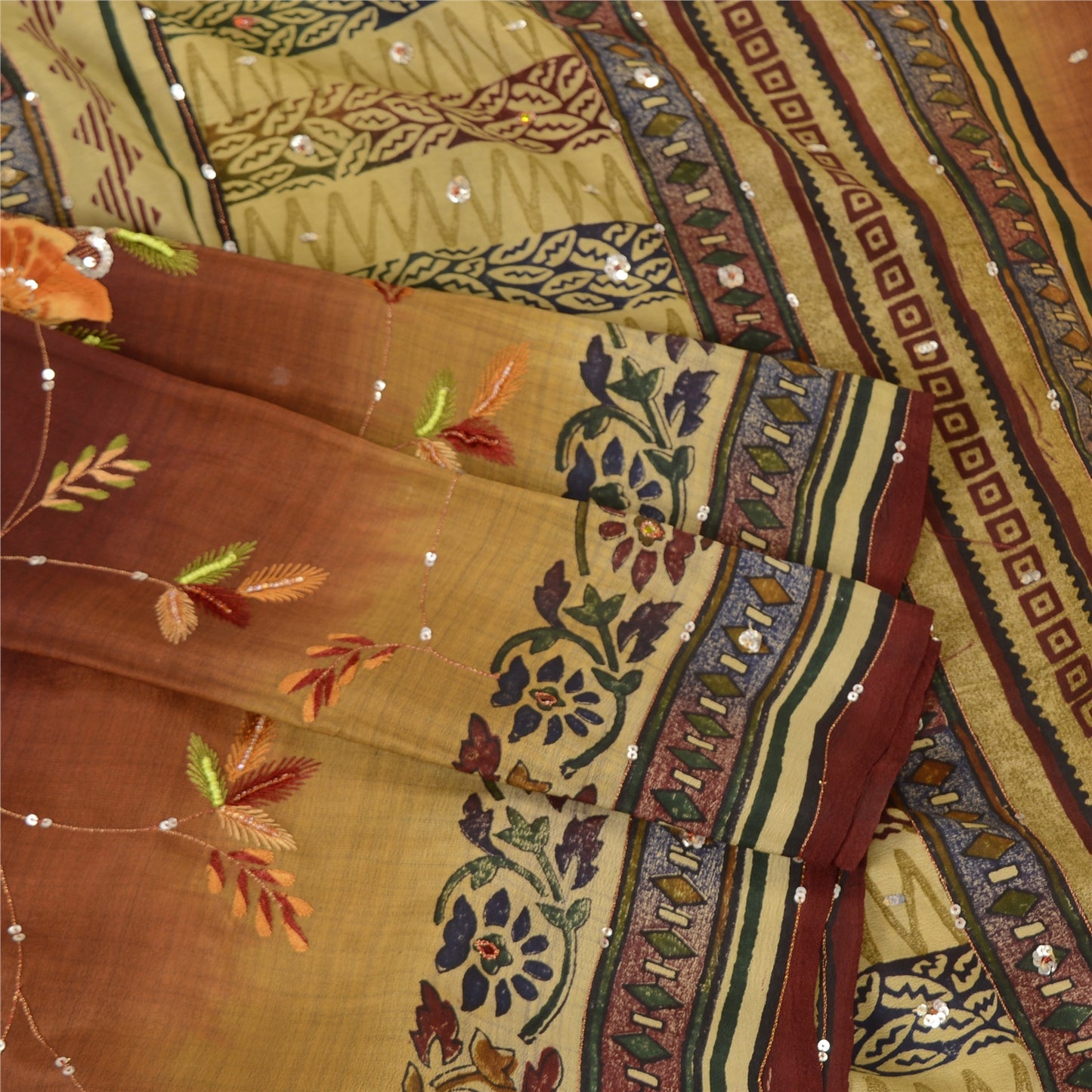 Sanskriti Vintage Indian Sarees Pure Crepe Silk Hand Beaded Sari Craft Sustainable Fabric