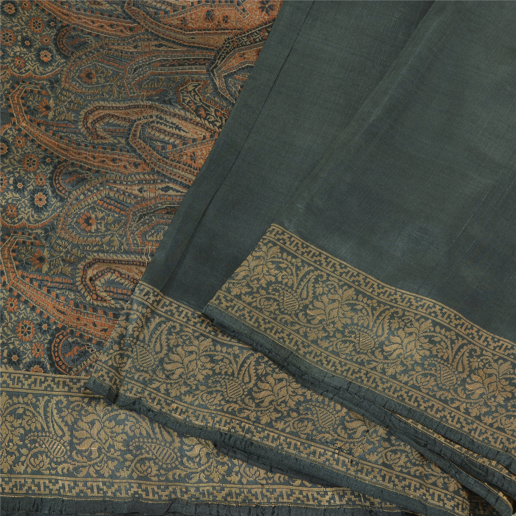 Sanskriti Vintage Grey Indian Sarees 100% Pure Silk Woven Sari Craft Fabric