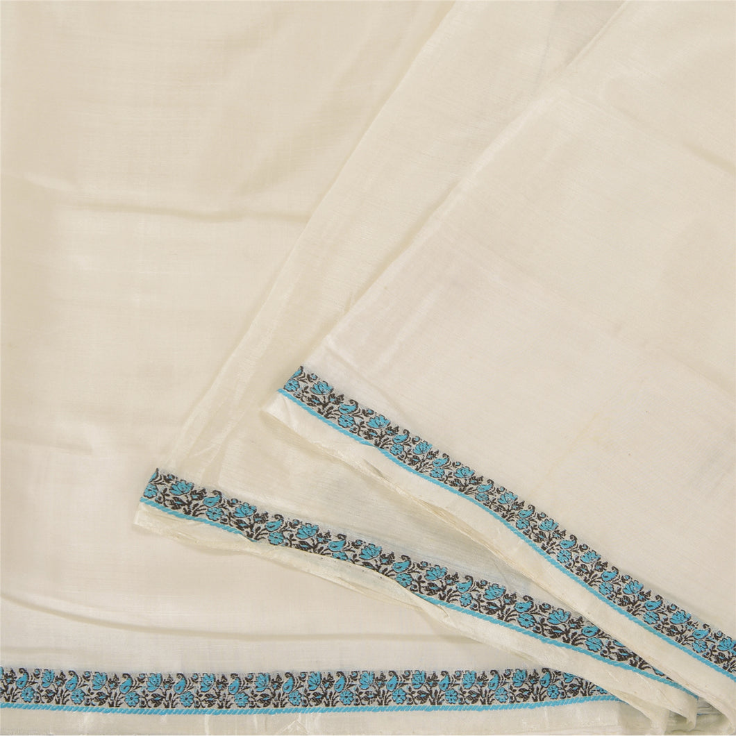Sanskriti Vintage Ivory Indian Sarees 100% Pure Silk Woven Sari Craft Fabric