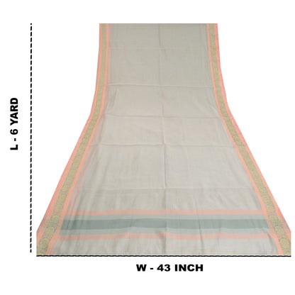 Sanskriti Vintage Cream Indian Sarees Blend Cotton Woven Zari Sari 5 YD Sustainable Fabric