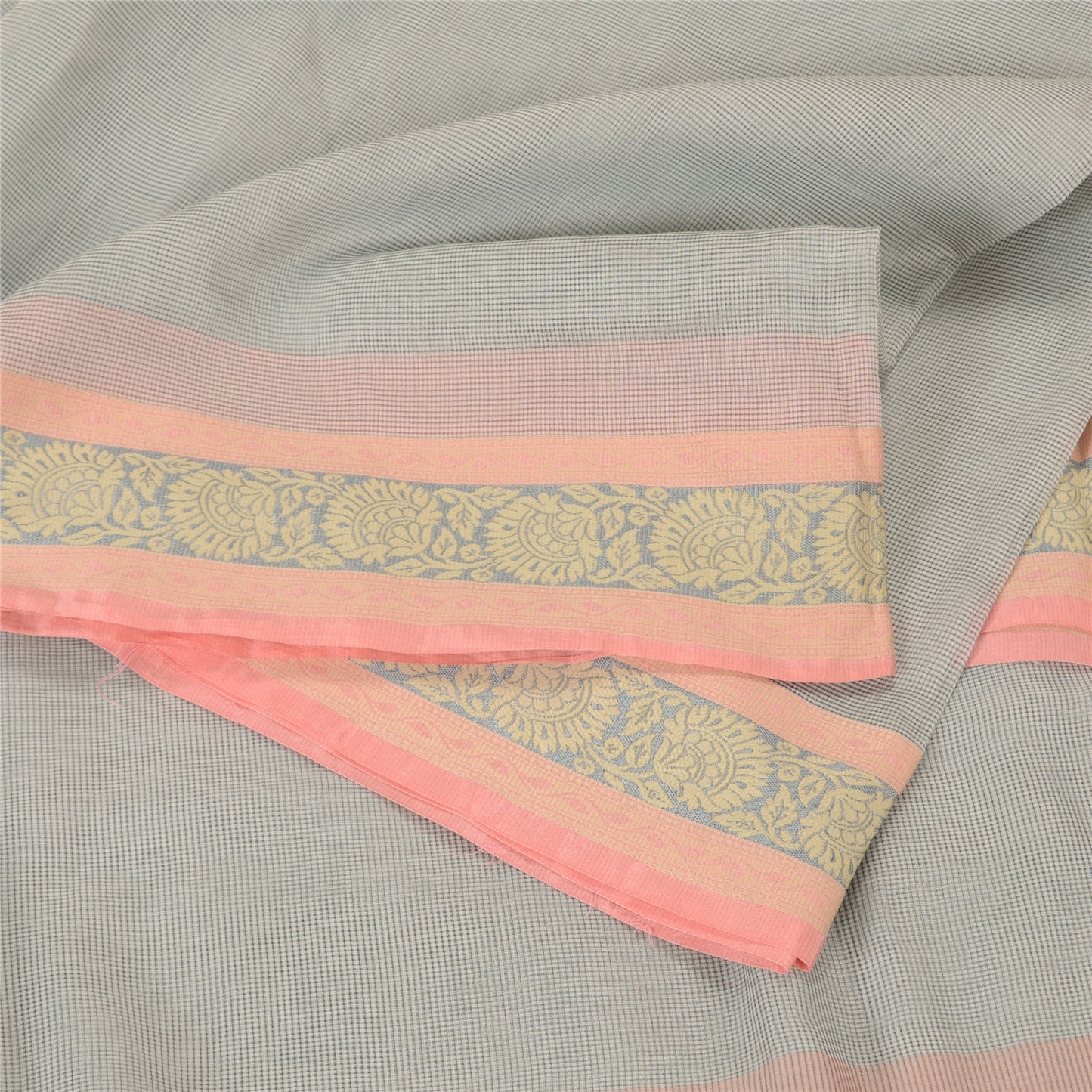 Sanskriti Vintage Cream Indian Sarees Blend Cotton Woven Zari Sari 5 YD Sustainable Fabric