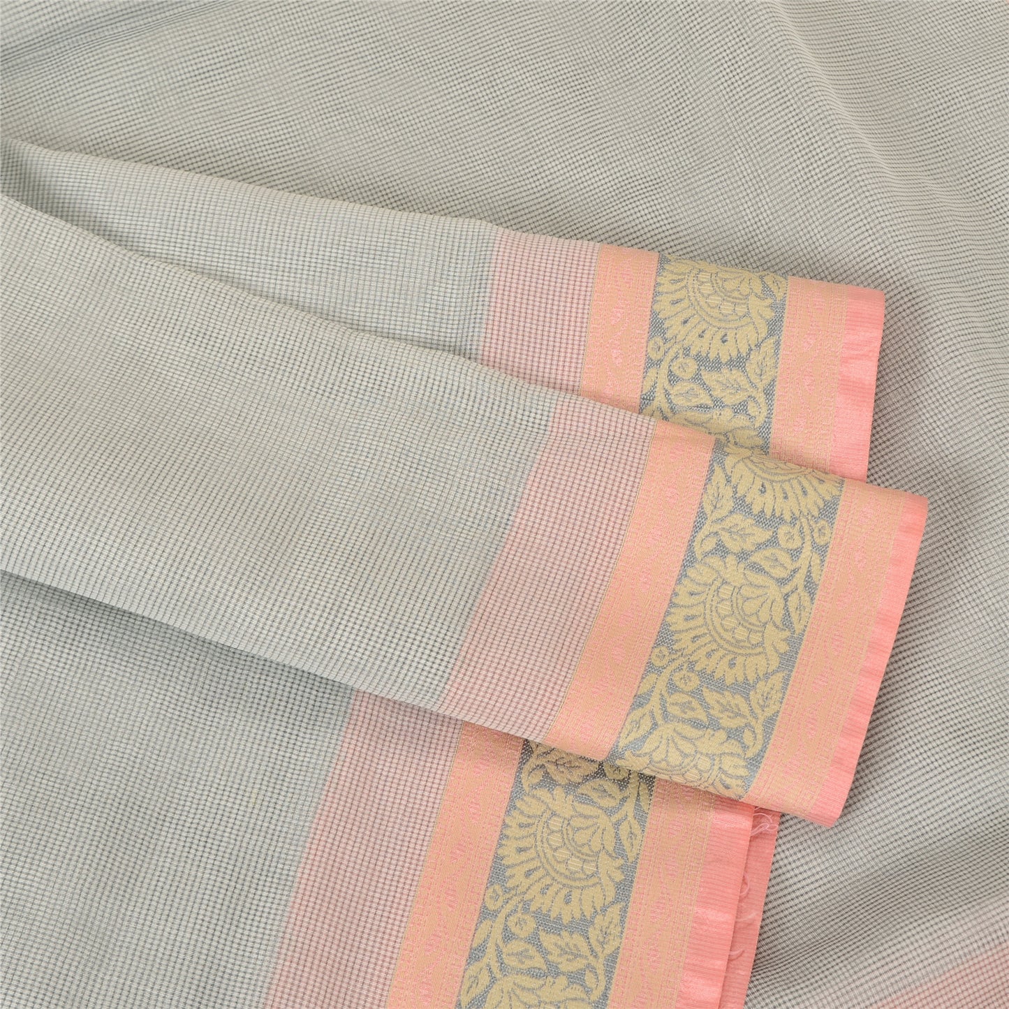 Sanskriti Vintage Cream Indian Sarees Blend Cotton Woven Zari Sari 5 YD Sustainable Fabric