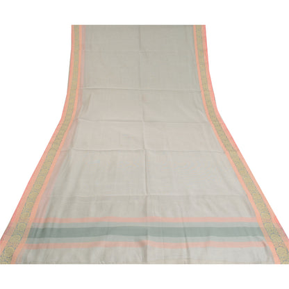 Sanskriti Vintage Cream Indian Sarees Blend Cotton Woven Zari Sari 5 YD Sustainable Fabric