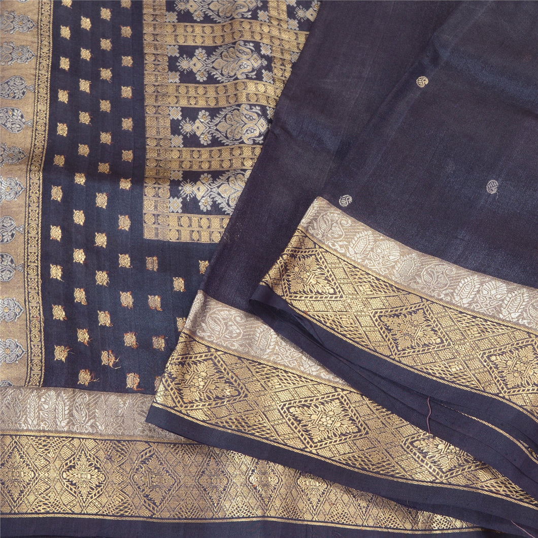 Sanskriti Vintage Blue Sarees 100% Pure Silk Woven Premium Sari Craft Fabric