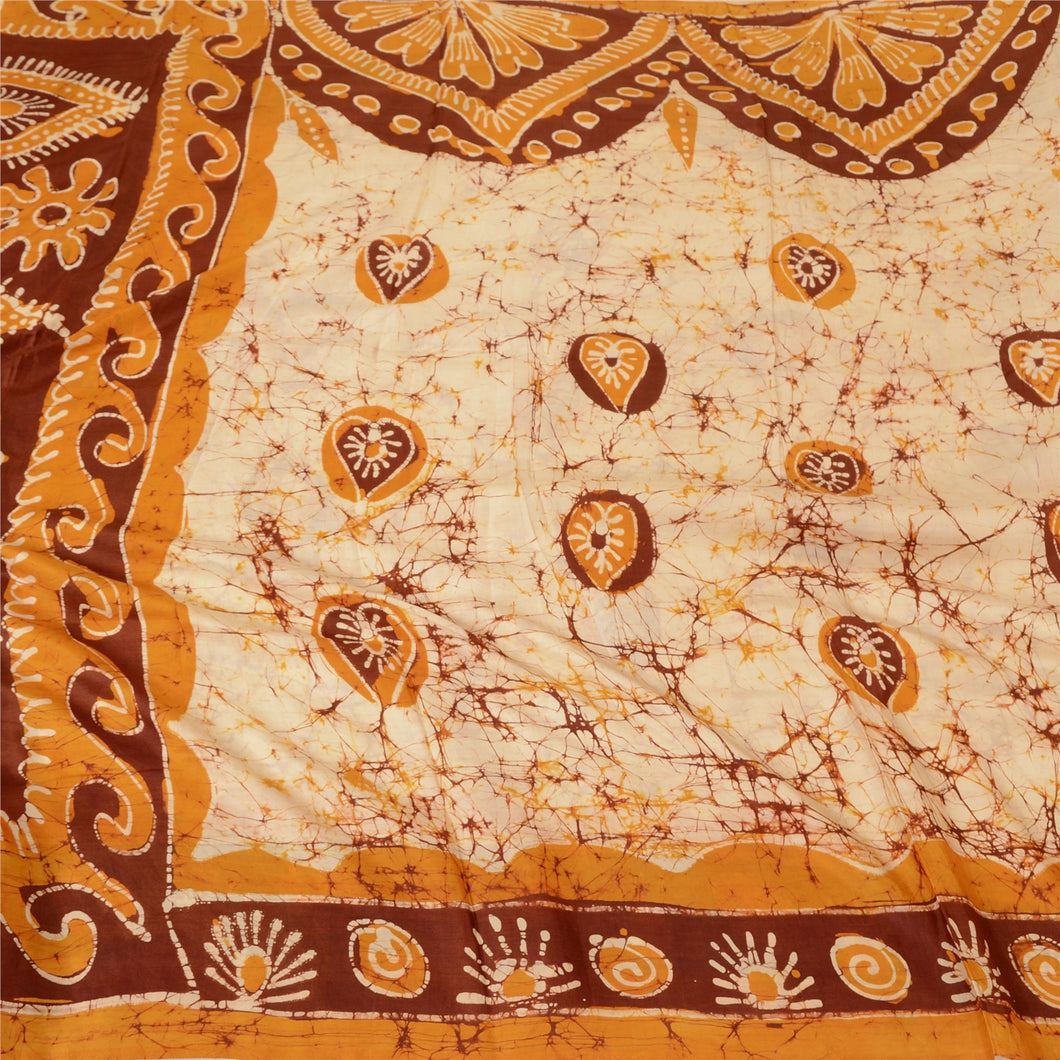 Sanskriti Vintage Saffron/Ivory Sarees Pure Silk Batik Work Unique Sari Fabric