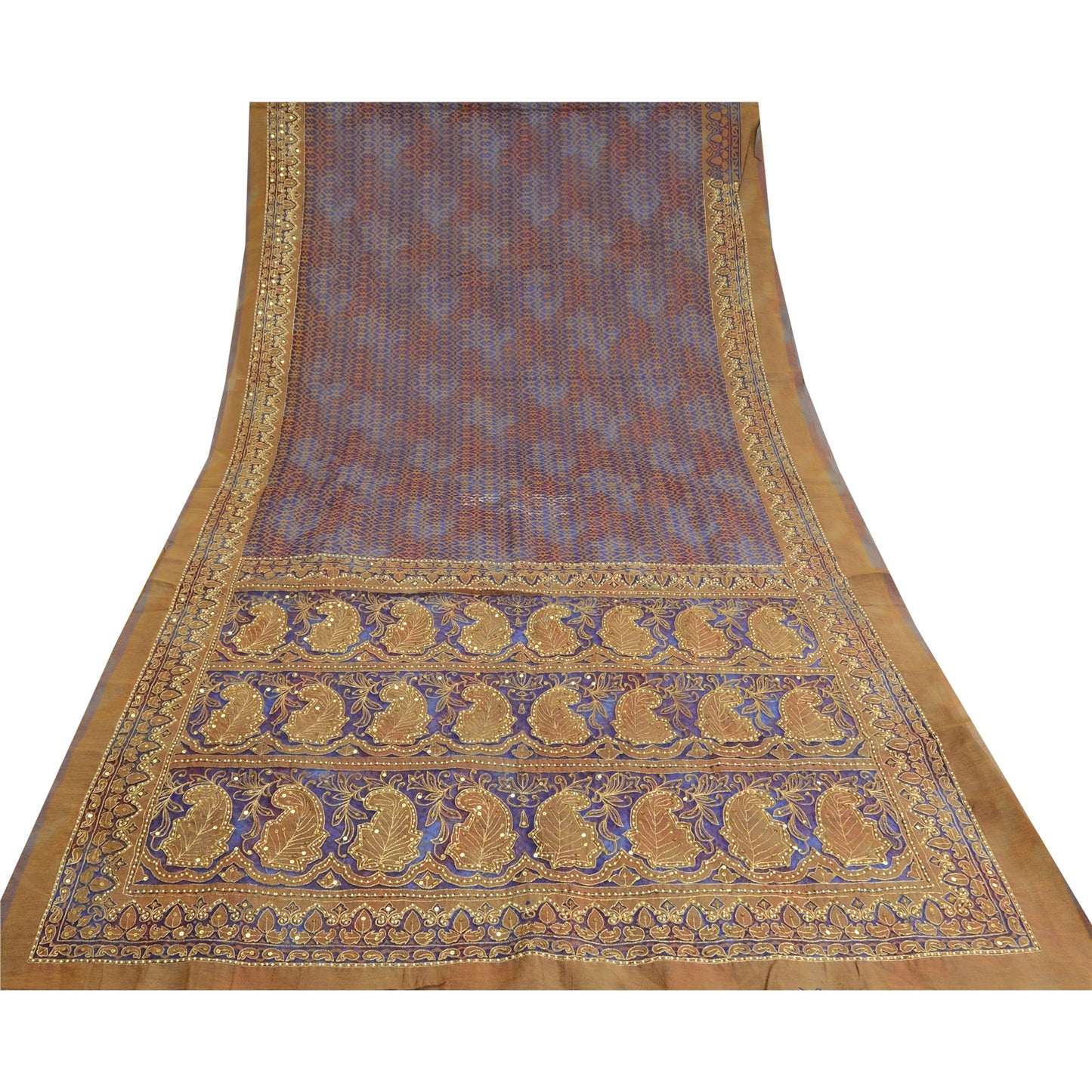 Sanskriti Vintage Blue Sarees Organza Hand Beaded Woven Premium Sari Sustainable Fabric