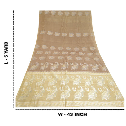 Sanskriti Vintage Beige/Brown Sarees 100% Pure Silk Woven Sari Craft Sustainable Fabric