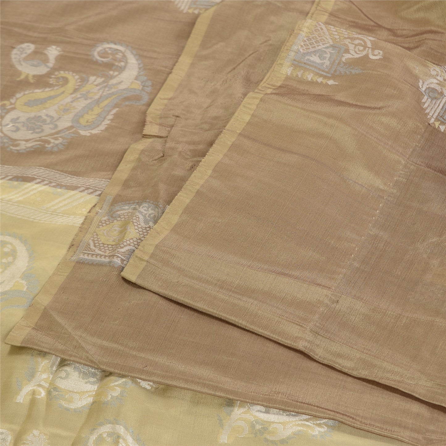 Sanskriti Vintage Beige/Brown Sarees 100% Pure Silk Woven Sari Craft Sustainable Fabric