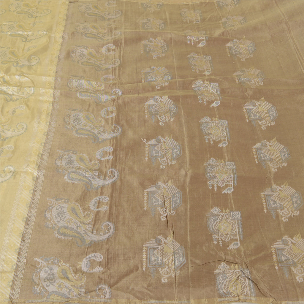 Sanskriti Vintage Beige/Brown Sarees 100% Pure Silk Woven Sari Craft Sustainable Fabric