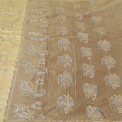 Sanskriti Vintage Beige/Brown Sarees 100% Pure Silk Woven Sari Craft Sustainable Fabric