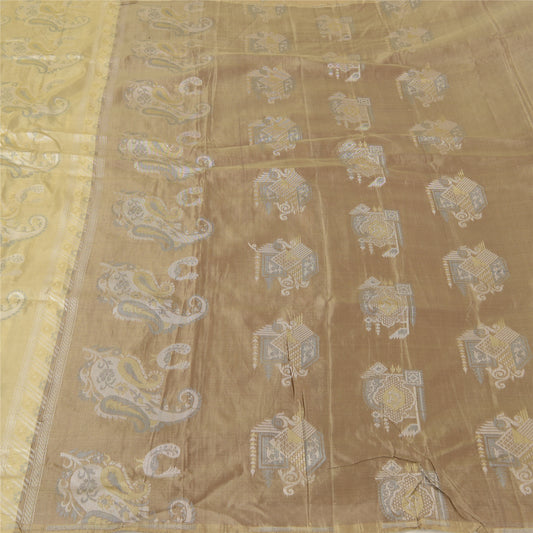 Санскритские винтажные бежево-коричневые сари 100% чистый шелк тканая сари ремесло устойчивая ткань