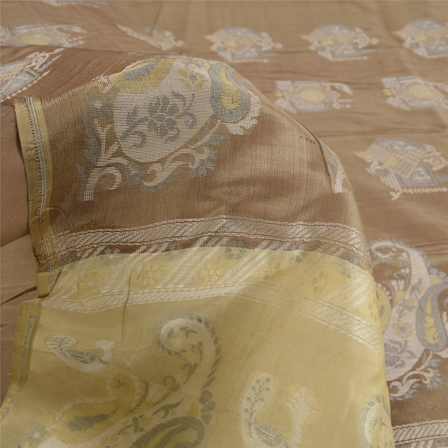 Sanskriti Vintage Beige/Brown Sarees 100% Pure Silk Woven Sari Craft Sustainable Fabric