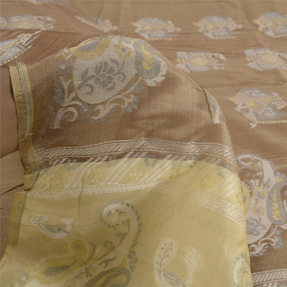 Sanskriti Vintage Beige/Brown Sarees 100% Pure Silk Woven Sari Craft Sustainable Fabric