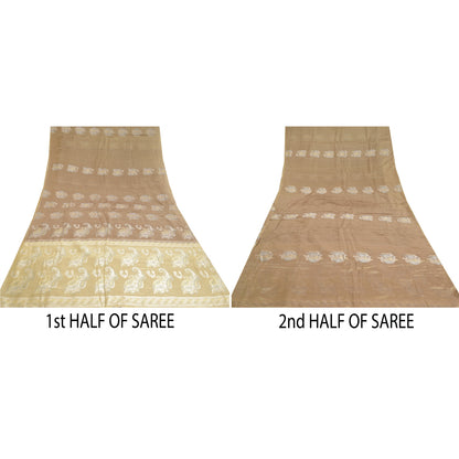 Sanskriti Vintage Beige/Brown Sarees 100% Pure Silk Woven Sari Craft Sustainable Fabric