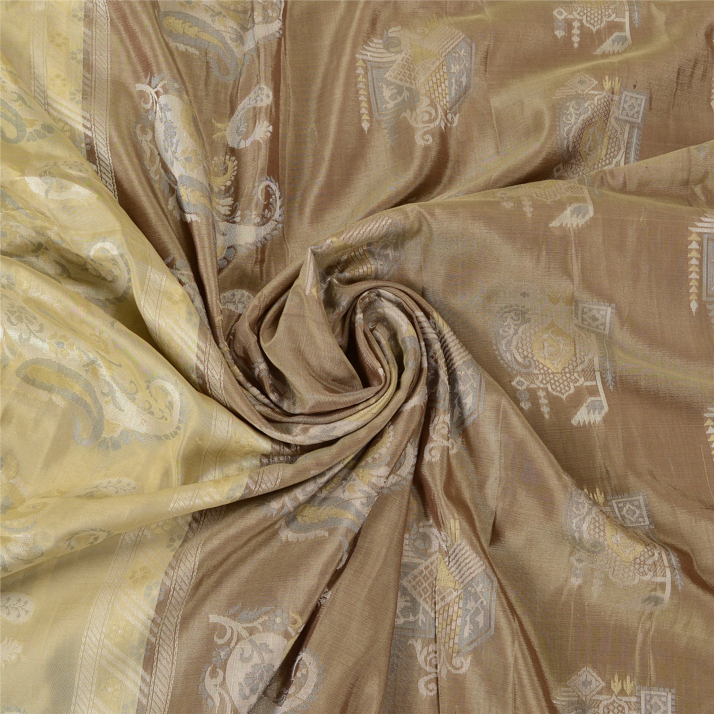 Sanskriti Vintage Beige/Brown Sarees 100% Pure Silk Woven Sari Craft Sustainable Fabric
