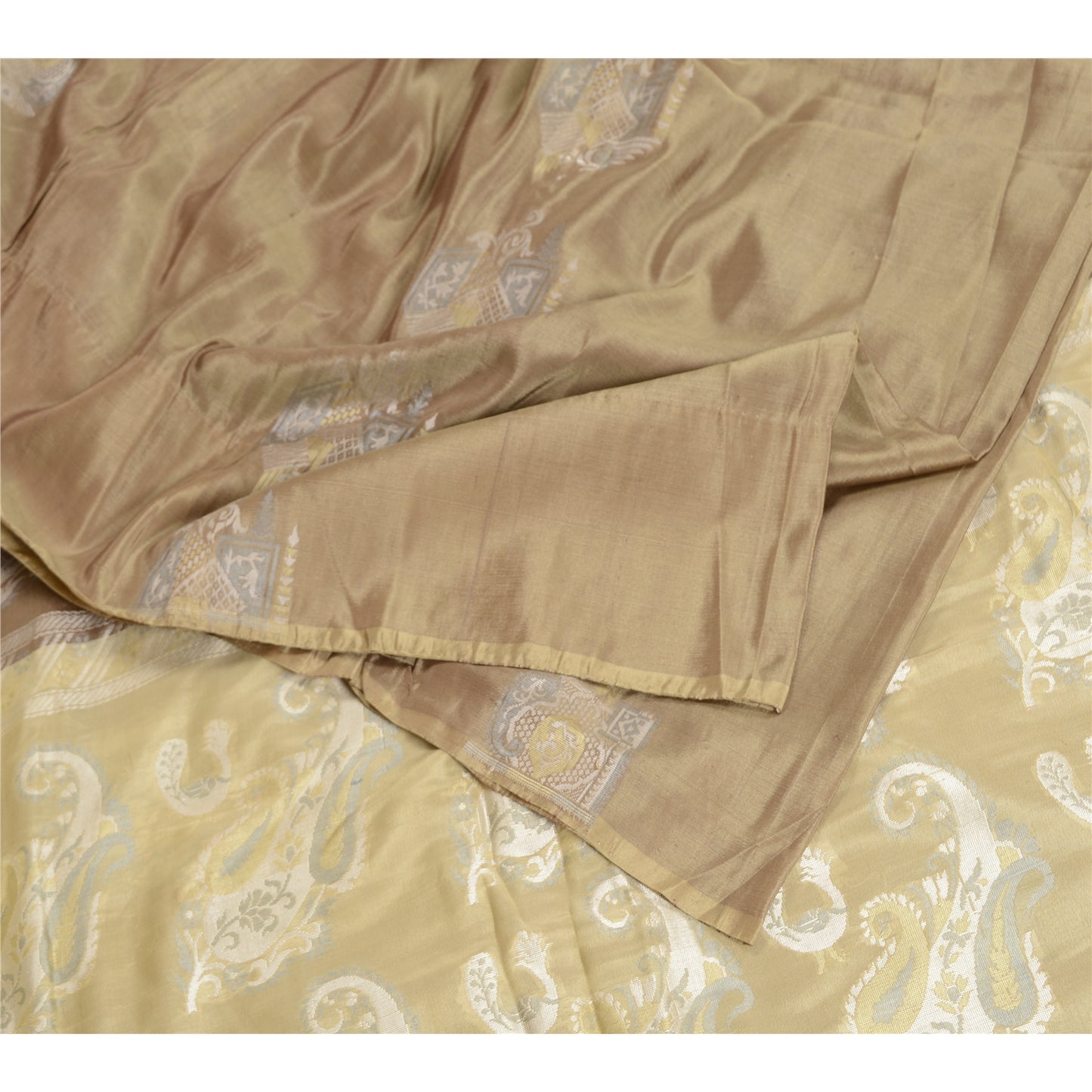 Sanskriti Vintage Beige/Brown Sarees 100% Pure Silk Woven Sari Craft Sustainable Fabric