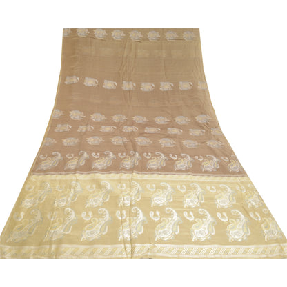 Sanskriti Vintage Beige/Brown Sarees 100% Pure Silk Woven Sari Craft Sustainable Fabric