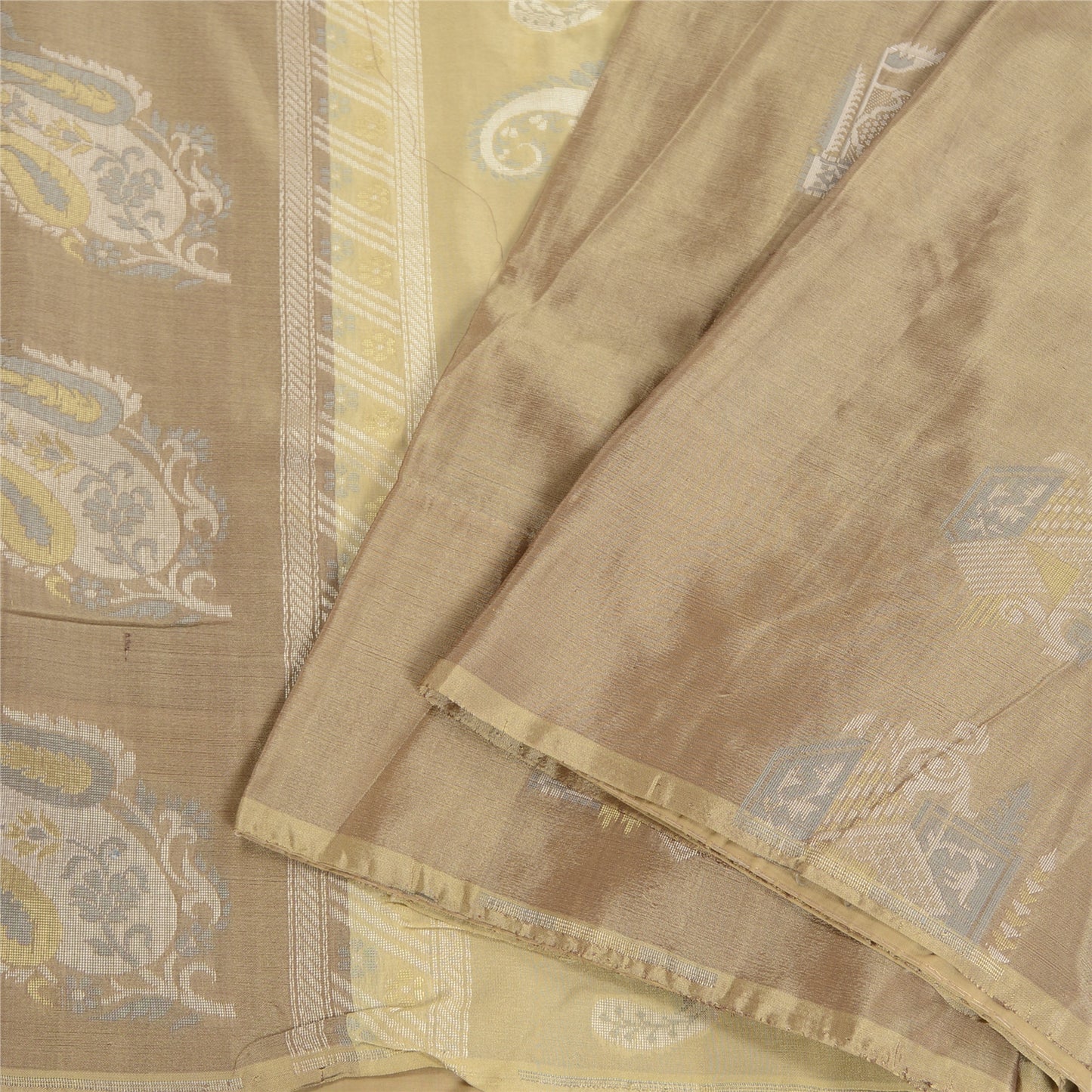 Sanskriti Vintage Beige/Brown Sarees 100% Pure Silk Woven Sari Craft Sustainable Fabric