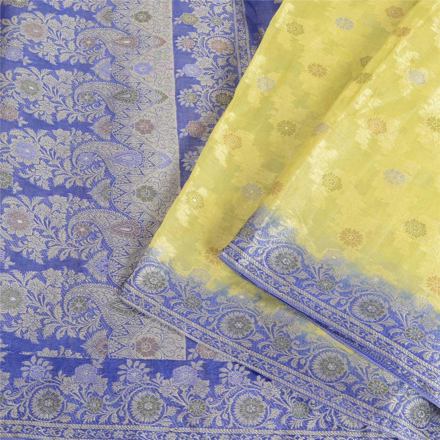 Sanskriti Vintage Green/Blue Sarees 100% Pure Silk Woven Sari Craft Sustainable Fabric