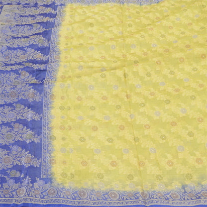 Sanskriti Vintage Green/Blue Sarees 100% Pure Silk Woven Sari Craft Sustainable Fabric