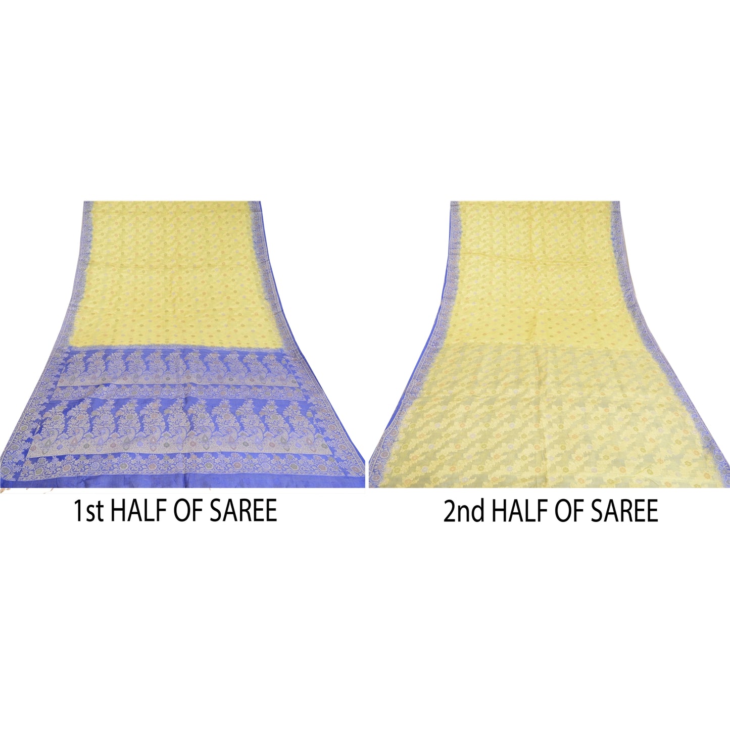 Sanskriti Vintage Green/Blue Sarees 100% Pure Silk Woven Sari Craft Sustainable Fabric