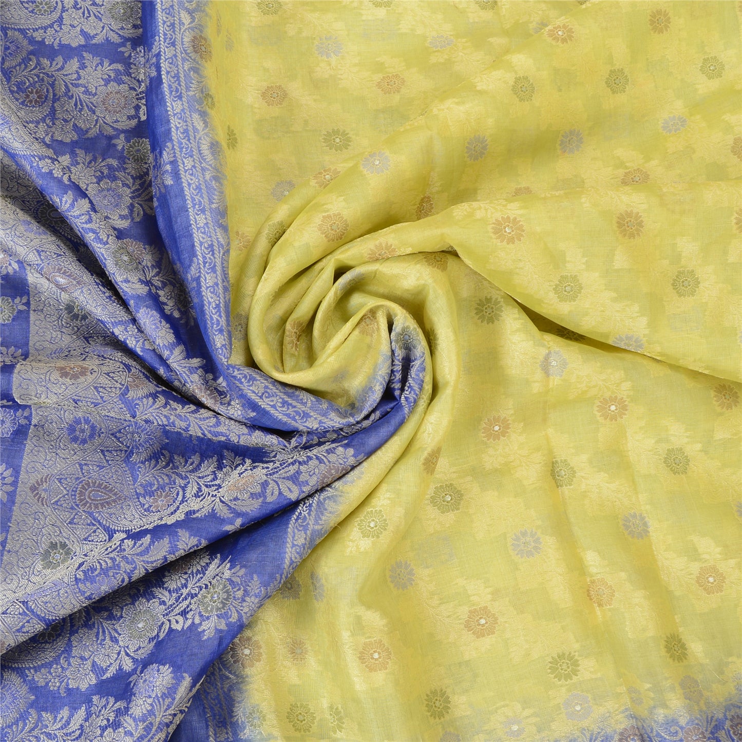 Sanskriti Vintage Green/Blue Sarees 100% Pure Silk Woven Sari Craft Sustainable Fabric