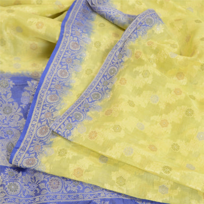 Sanskriti Vintage Green/Blue Sarees 100% Pure Silk Woven Sari Craft Sustainable Fabric