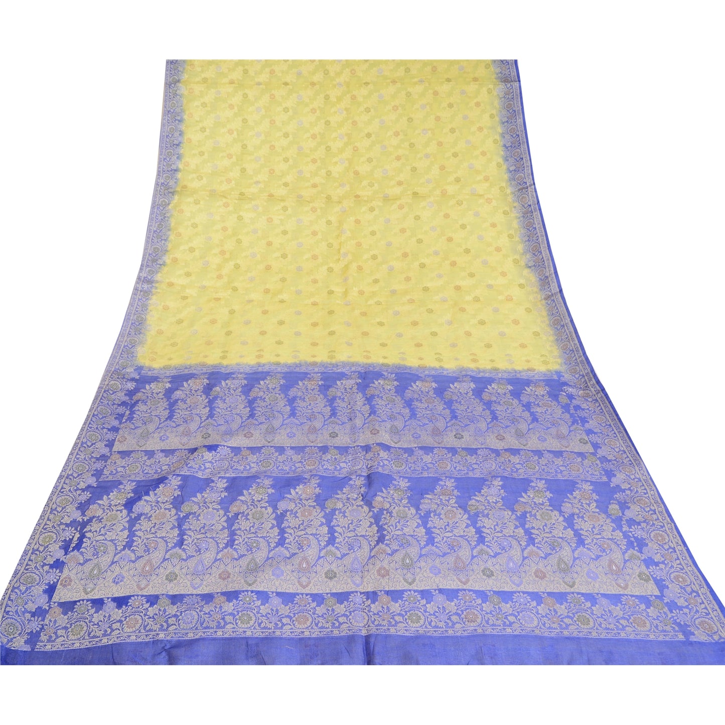 Sanskriti Vintage Green/Blue Sarees 100% Pure Silk Woven Sari Craft Sustainable Fabric