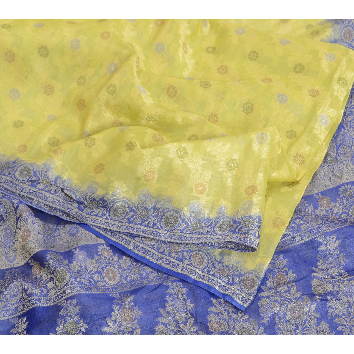 Sanskriti Vintage Green/Blue Sarees 100% Pure Silk Woven Sari Craft Sustainable Fabric