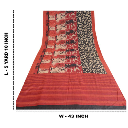 Sanskriti Vintage Red/Black Indian Sarees Pure Silk Hand-Woven Sari Craft Sustainable Fabric