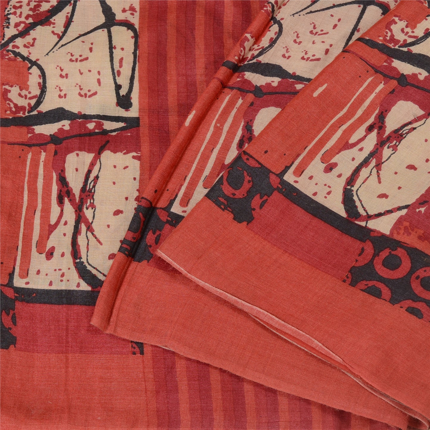 Sanskriti Vintage Red/Black Indian Sarees Pure Silk Hand-Woven Sari Craft Sustainable Fabric