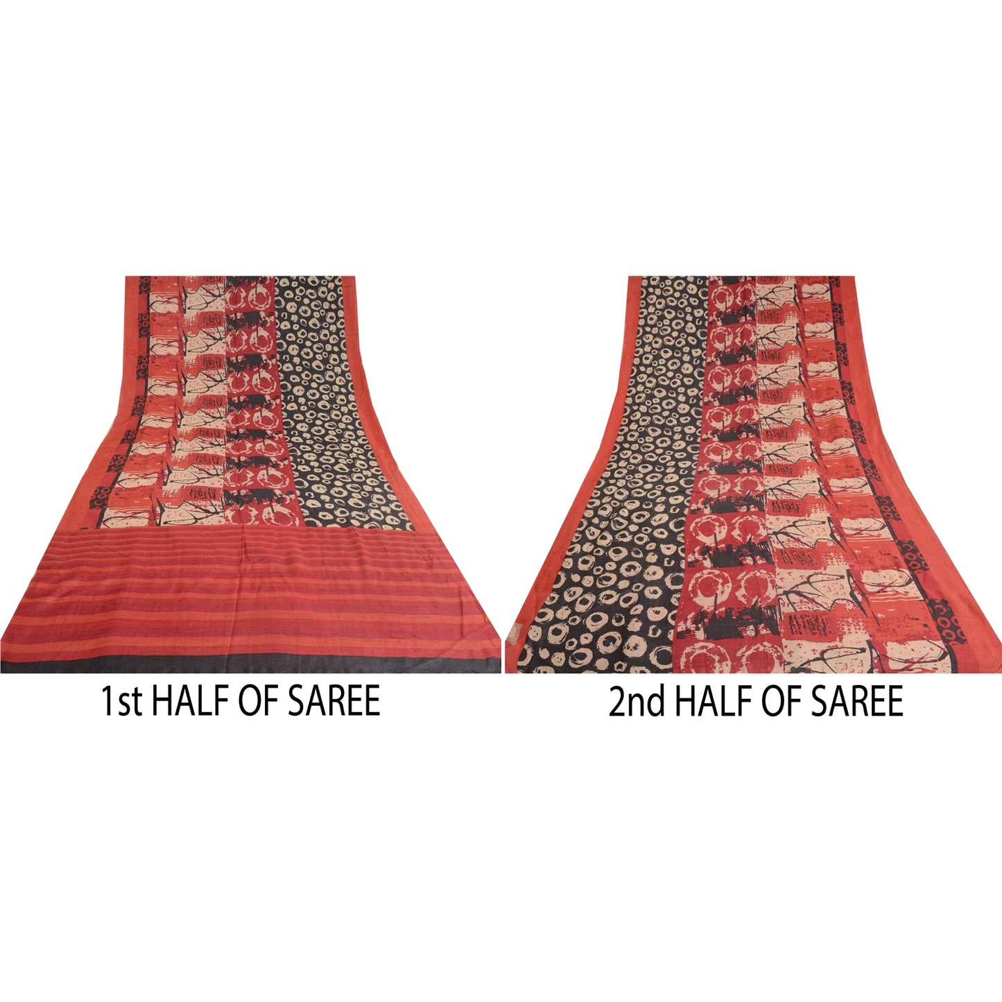 Sanskriti Vintage Red/Black Indian Sarees Pure Silk Hand-Woven Sari Craft Sustainable Fabric