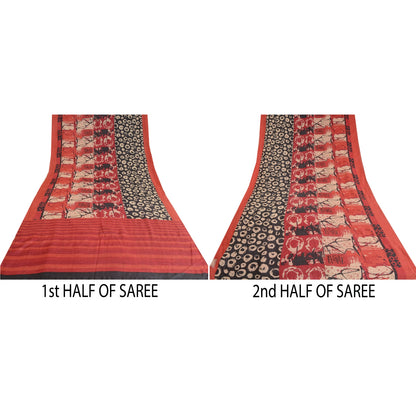 Sanskriti Vintage Red/Black Indian Sarees Pure Silk Hand-Woven Sari Craft Sustainable Fabric
