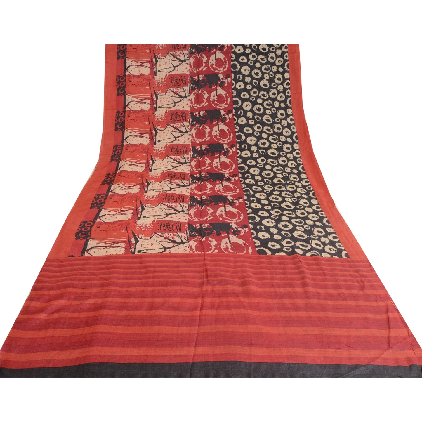 Sanskriti Vintage Red/Black Indian Sarees Pure Silk Hand-Woven Sari Craft Sustainable Fabric