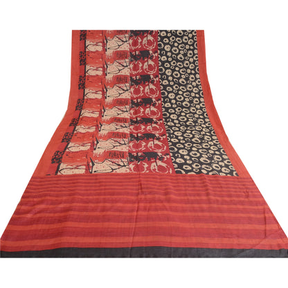 Sanskriti Vintage Red/Black Indian Sarees Pure Silk Hand-Woven Sari Craft Sustainable Fabric