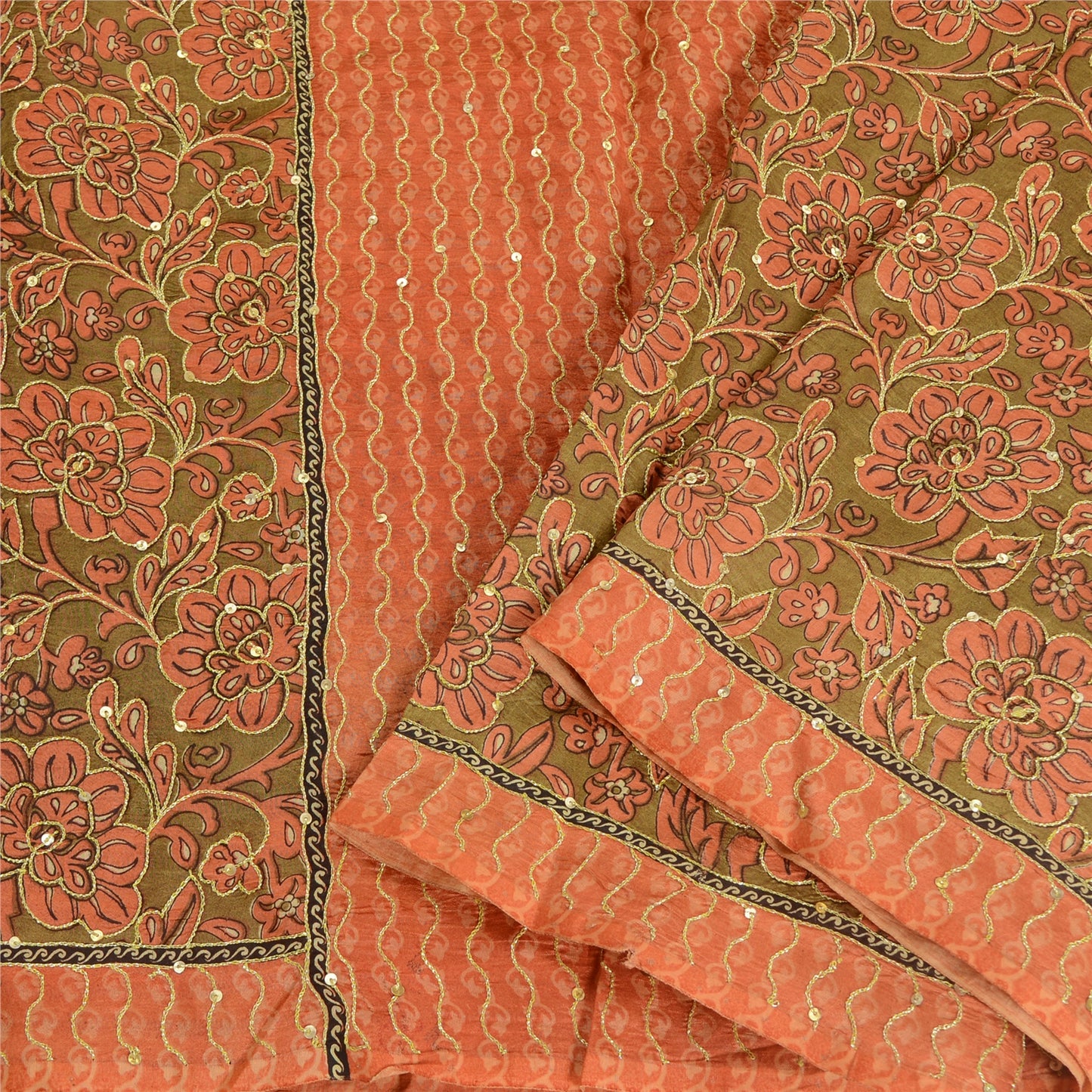 Sanskriti Vintage Peach/Green Sarees Pure Silk Hand Beaded Premium Sari Sustainable Fabric