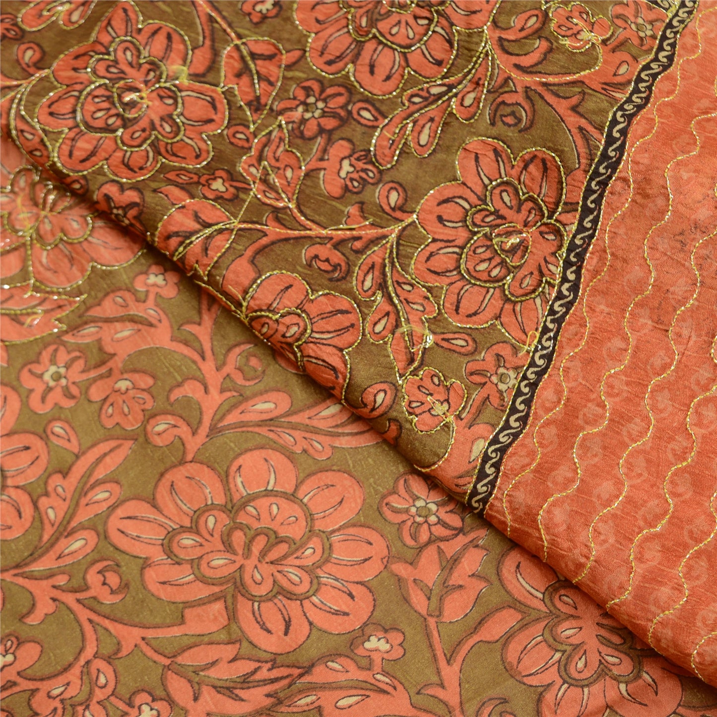 Sanskriti Vintage Peach/Green Sarees Pure Silk Hand Beaded Premium Sari Sustainable Fabric
