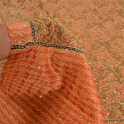 Sanskriti Vintage Peach/Green Sarees Pure Silk Hand Beaded Premium Sari Sustainable Fabric