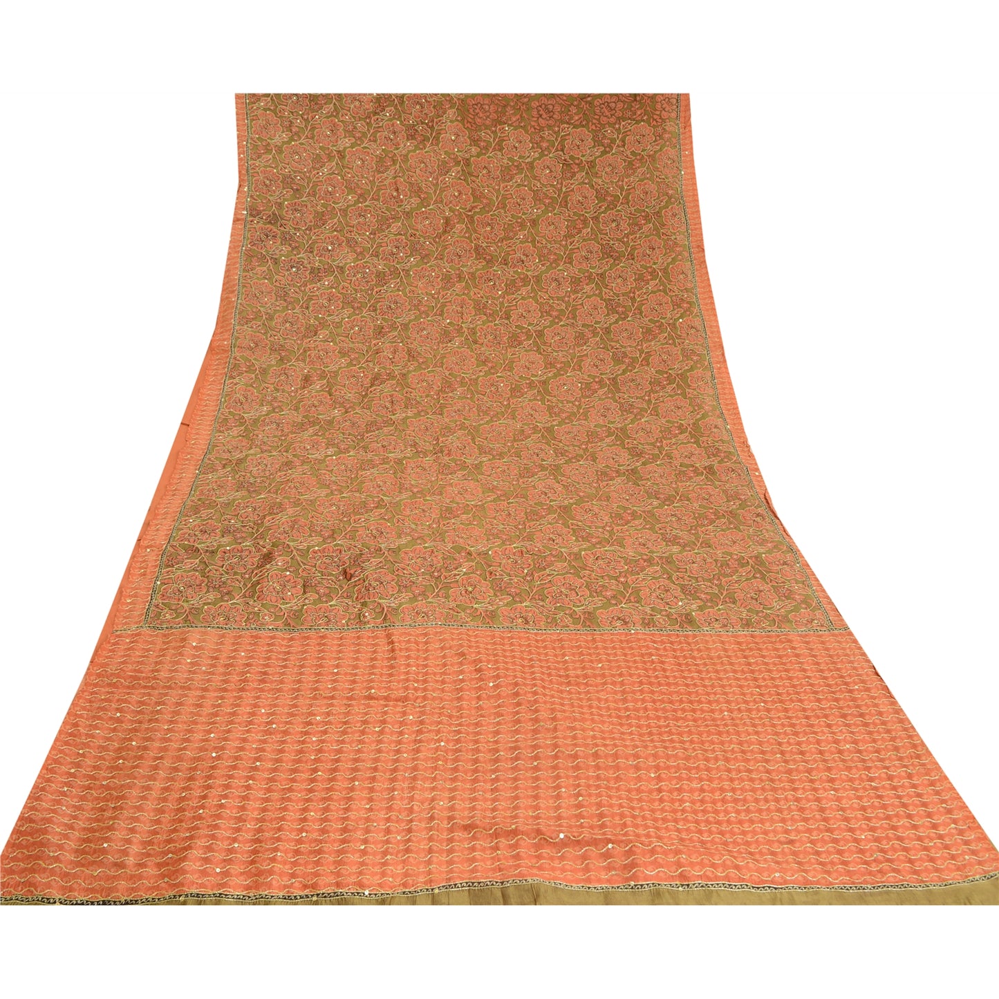 Sanskriti Vintage Peach/Green Sarees Pure Silk Hand Beaded Premium Sari Sustainable Fabric